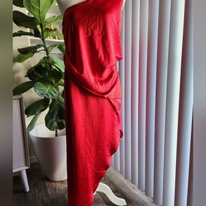 ASOS Design Red Ruched Asymmetrical One Shoulder Midi Cocktail Dress in Size 10